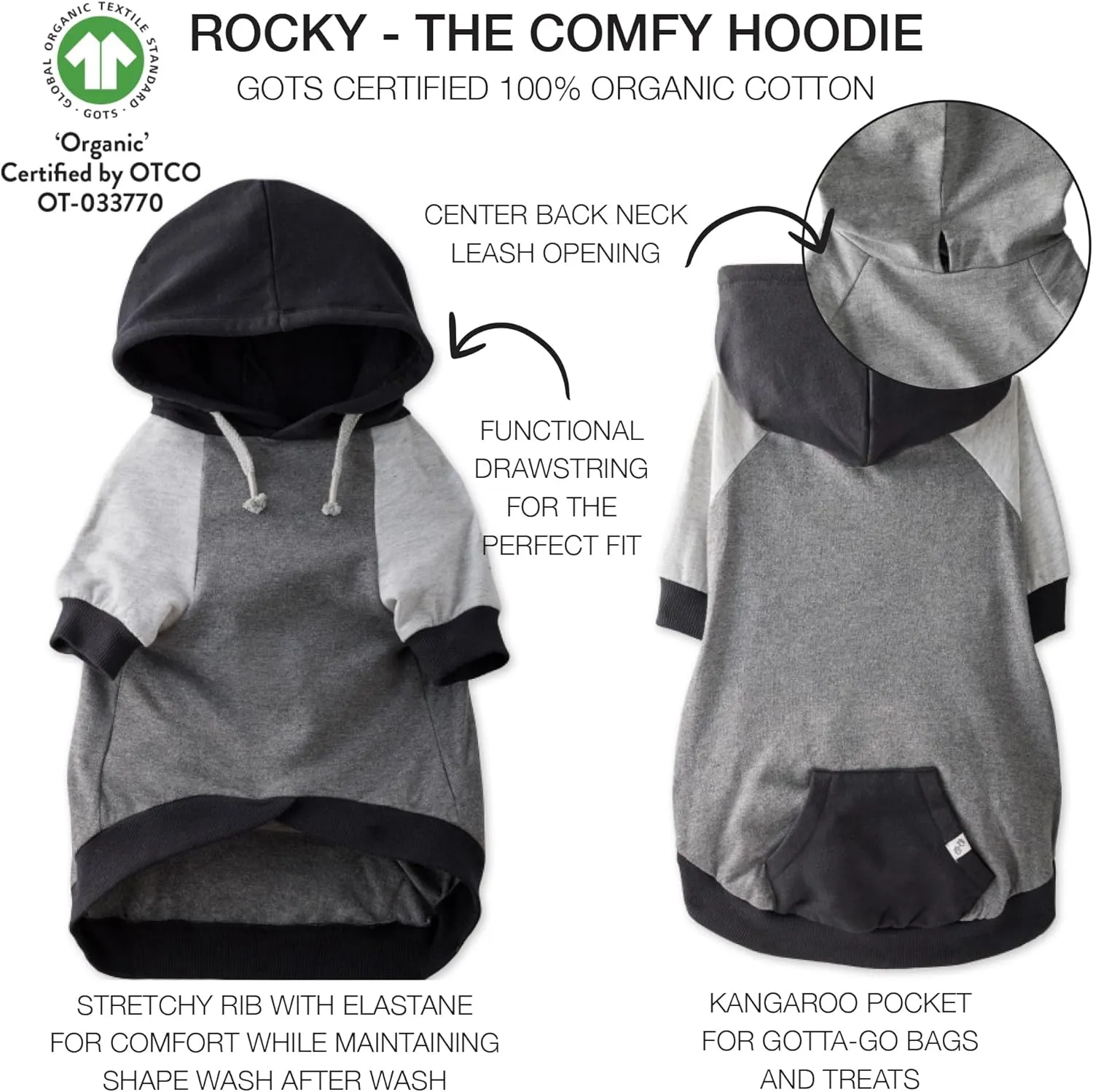 100% Organic Cotton Rocky - The Comfy Dog Hoodie Pet Coat for Small, Medium and Large Dogs, Black Color Block, Medium