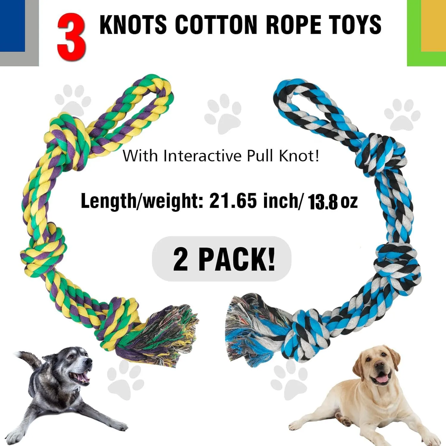 2 Pack Dog Rope Toys, Indestructible Dog Toy for Large/Medium Aggressive Chewers, Tough Chew Rope Tug of War for Dogs, Interactive Rope Toy for Boredom, Teeth Cleaning (390g/each)