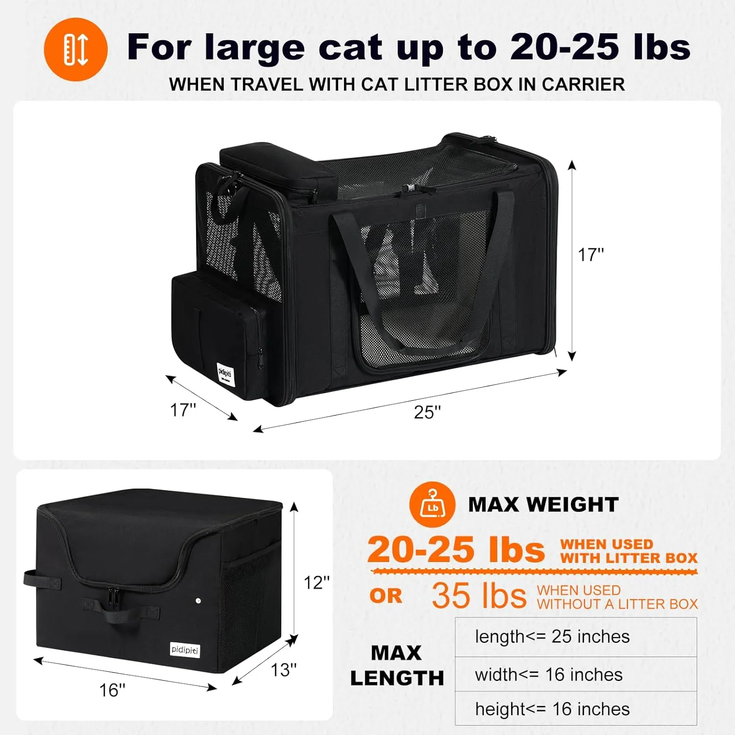 25''(L) x 17''(W) x 17''(H) Extra-Large Expandable cat Carrier for car Travel,with a Leakproof Portable Tall-Side Litter Box and Foldable Food Bowl(Black)