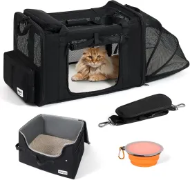 25''(L) x 17''(W) x 17''(H) Extra-Large Expandable cat Carrier for car Travel,with a Leakproof Portable Tall-Side Litter Box and Foldable Food Bowl(Black)
