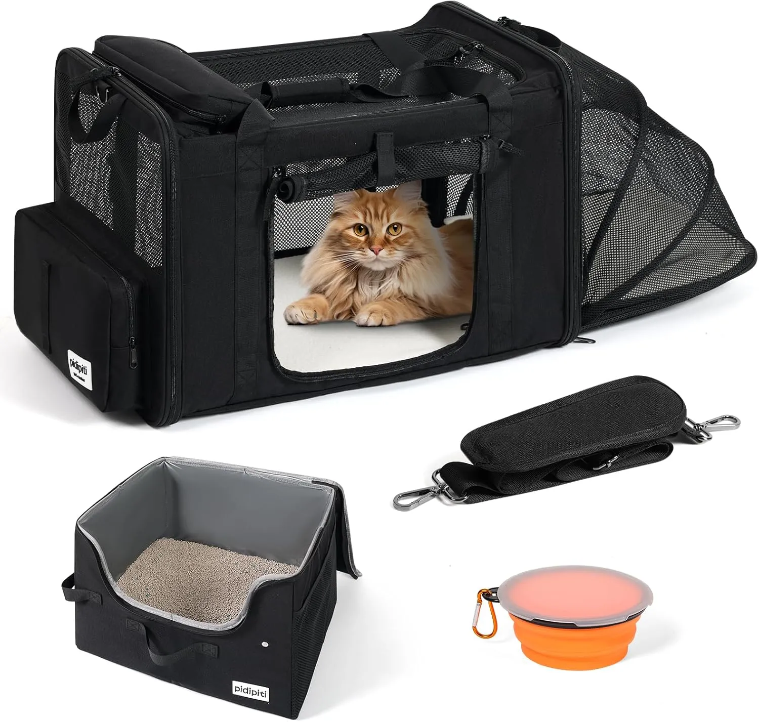 25''(L) x 17''(W) x 17''(H) Extra-Large Expandable cat Carrier for car Travel,with a Leakproof Portable Tall-Side Litter Box and Foldable Food Bowl(Black)