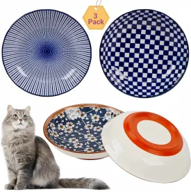 3-Pack Ceramic Cat Bowls with Non-Slip Base - Heavy Duty 5.5 Shallow Dish, Whisker Friendly & Dishwasher Safe, Premium Glossy Glaze Pet Food Bowls (Upgraded Silicone Ring)