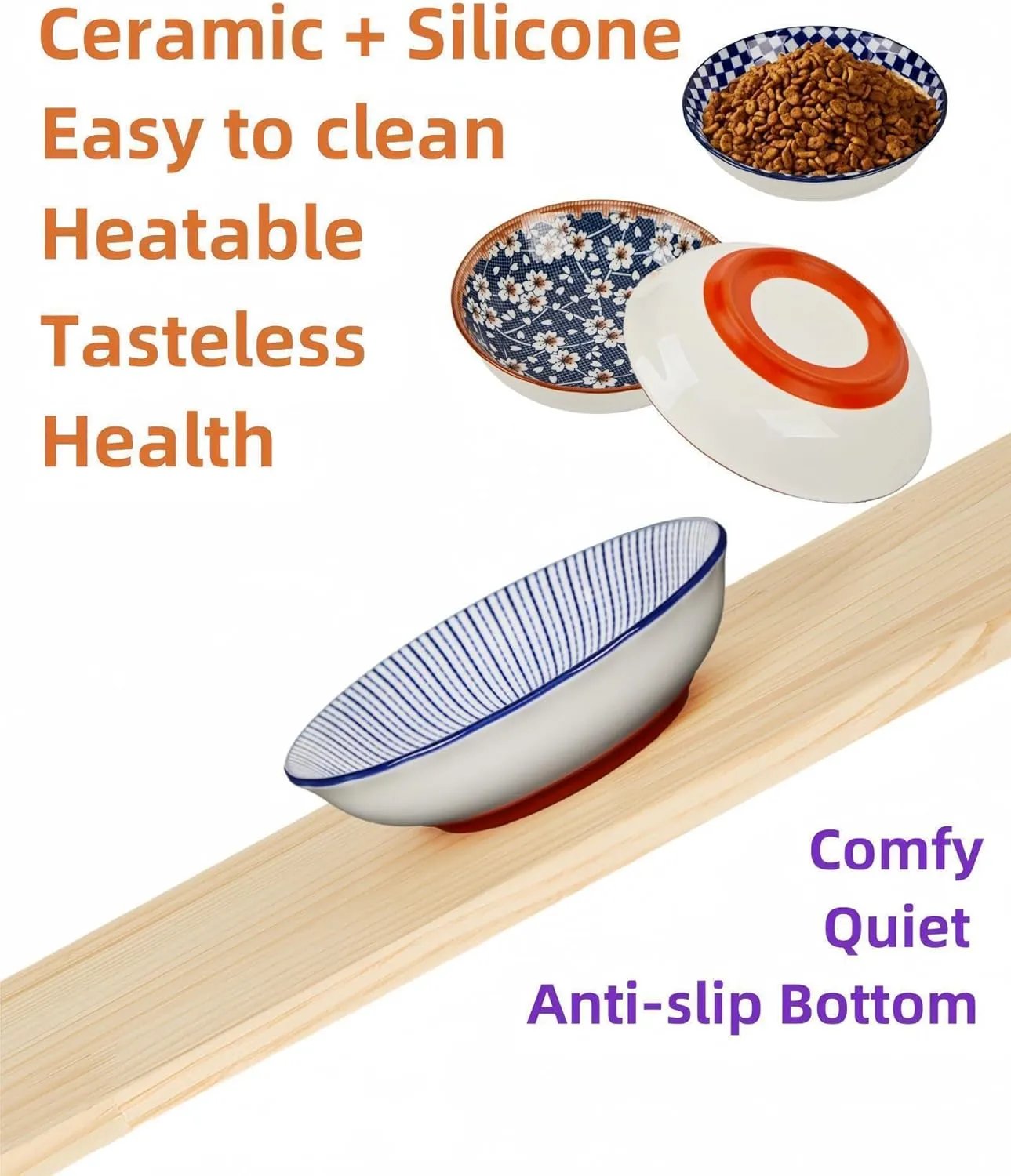 3-Pack Ceramic Cat Bowls with Non-Slip Base - Heavy Duty 5.5 Shallow Dish, Whisker Friendly & Dishwasher Safe, Premium Glossy Glaze Pet Food Bowls (Upgraded Silicone Ring)