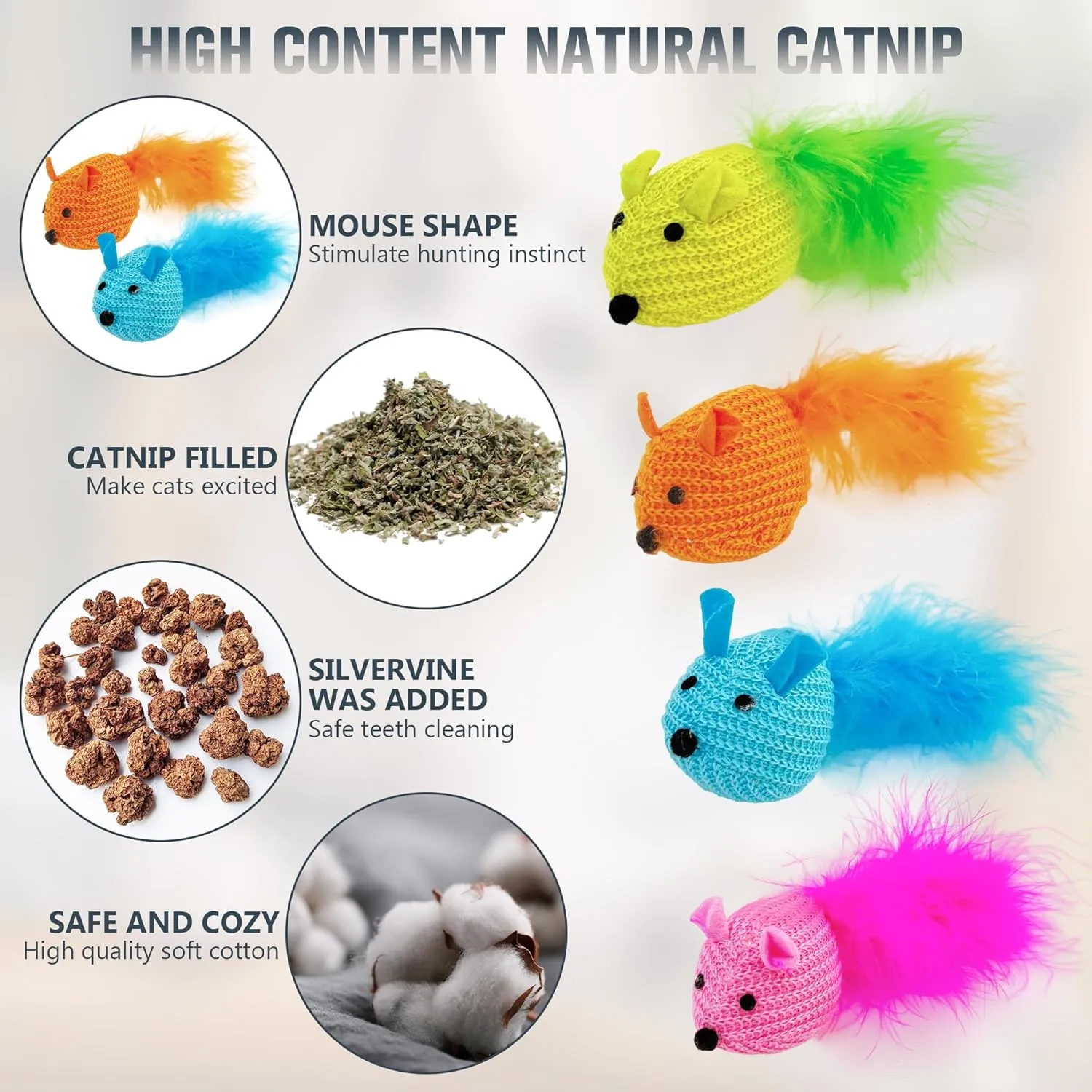 8 Pack Cat Mouse Natural Catnip Toys for Bored Indoor Adult Cats-Knitting Cat Mice Animals Toys,Kitten Chew Toys Teeth Cleaning,Interactive Catch Play Mouse Toy for Cats