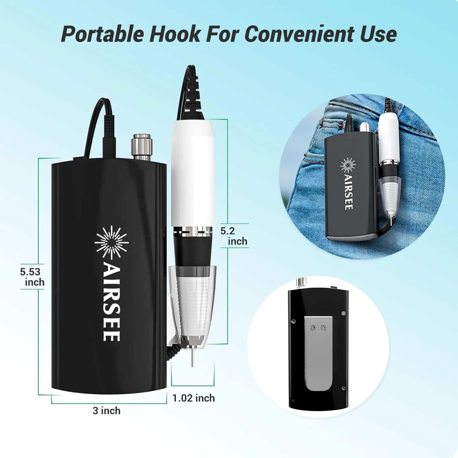 AIRSEE Professional Rechargeable 30000 RPM Nail Drill Machine Portable Efile Electric Nail File Wireless Manicure Pedicure Set Acrylic Gel Nail Grinder Tools with 6 Bits and Sanding Bands E6 Black