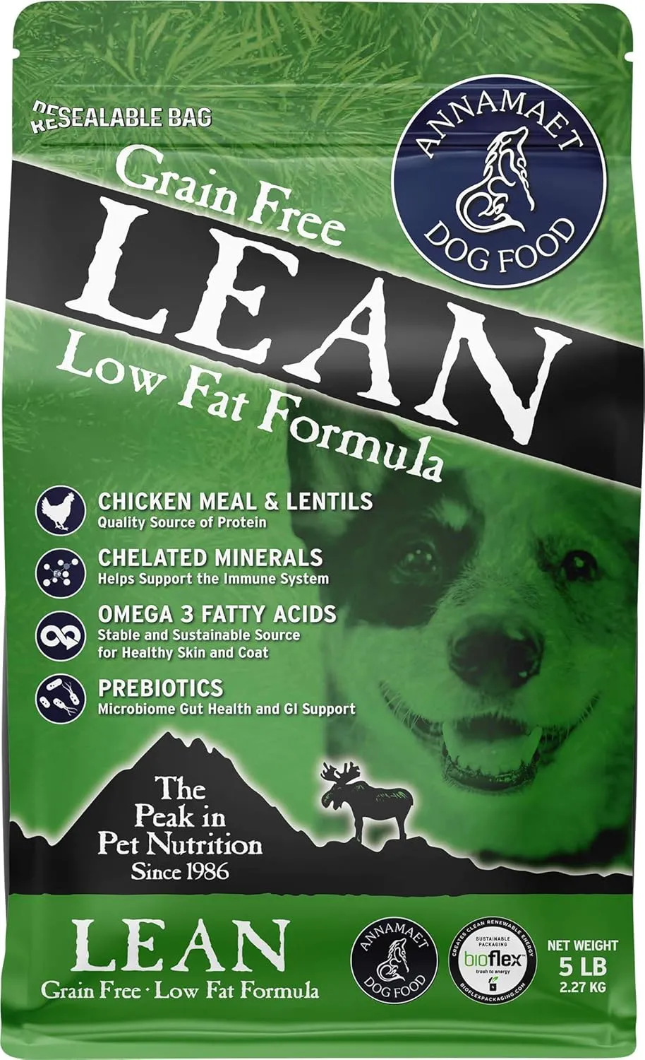 Annamaet Grain-Free Lean Reduced Fat Formula Dry Dog Food, (Chicken & Duck), 5-lb Bag