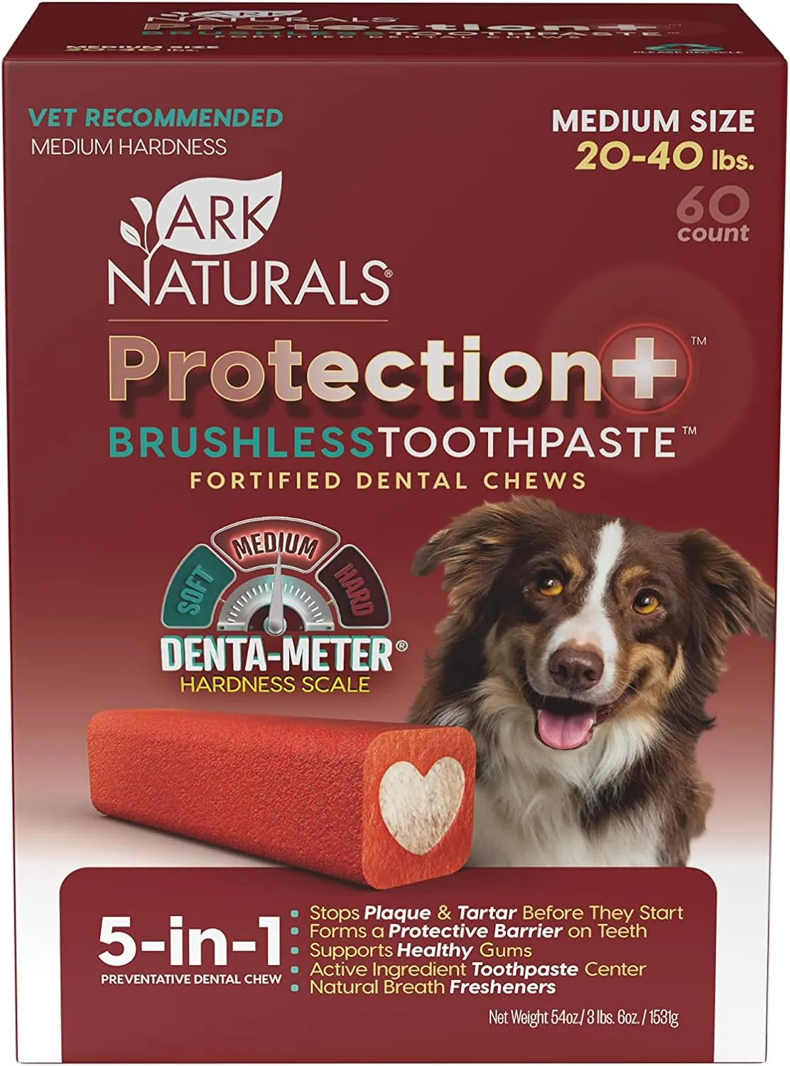 ARK NATURALS Protection  Brushless Toothpaste, Dog Dental Chews for Medium Breeds, Prevents Plaque & Tartar, Freshens Breath, 54oz, 1 Pack, Red