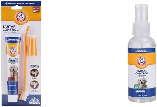 Arm & Hammer Tartar Control Bundle for Dogs: Tartar Control Kit in Beef Flavor (Toothpaste, Toothbrush, Fingerbrush) and Tartar Control Dental Spray, 4 Fl Oz