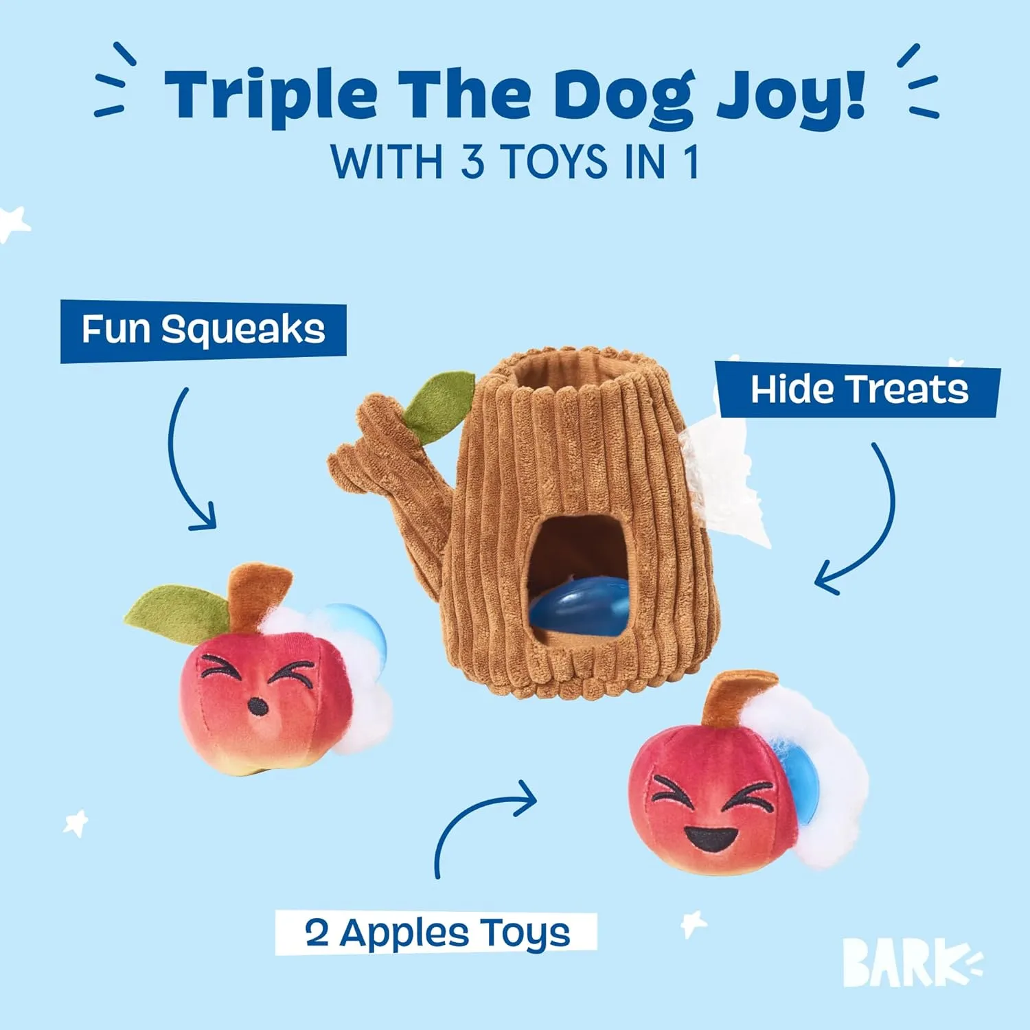 Barkbox Dog Toys  Them Apples 3 in 1 Multi Part Interactive Puzzle Dog Toy with Stimulating Crinkle and Squeakers  Small