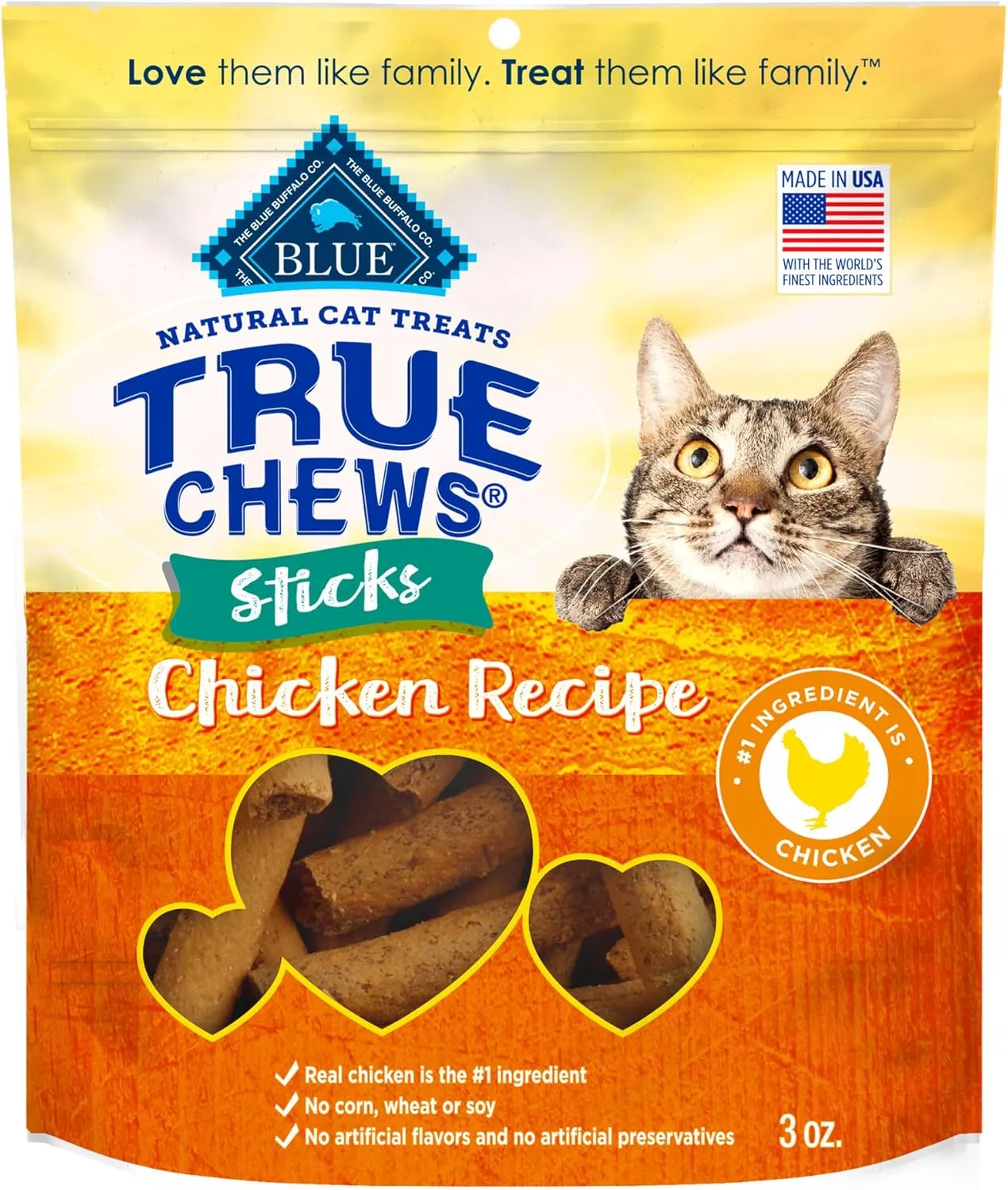 Blue Buffalo True Chews Sticks Natural Cat Treats, Chicken Recipe, Meaty & Savory Treats Made in The USA, 3-oz. Bag