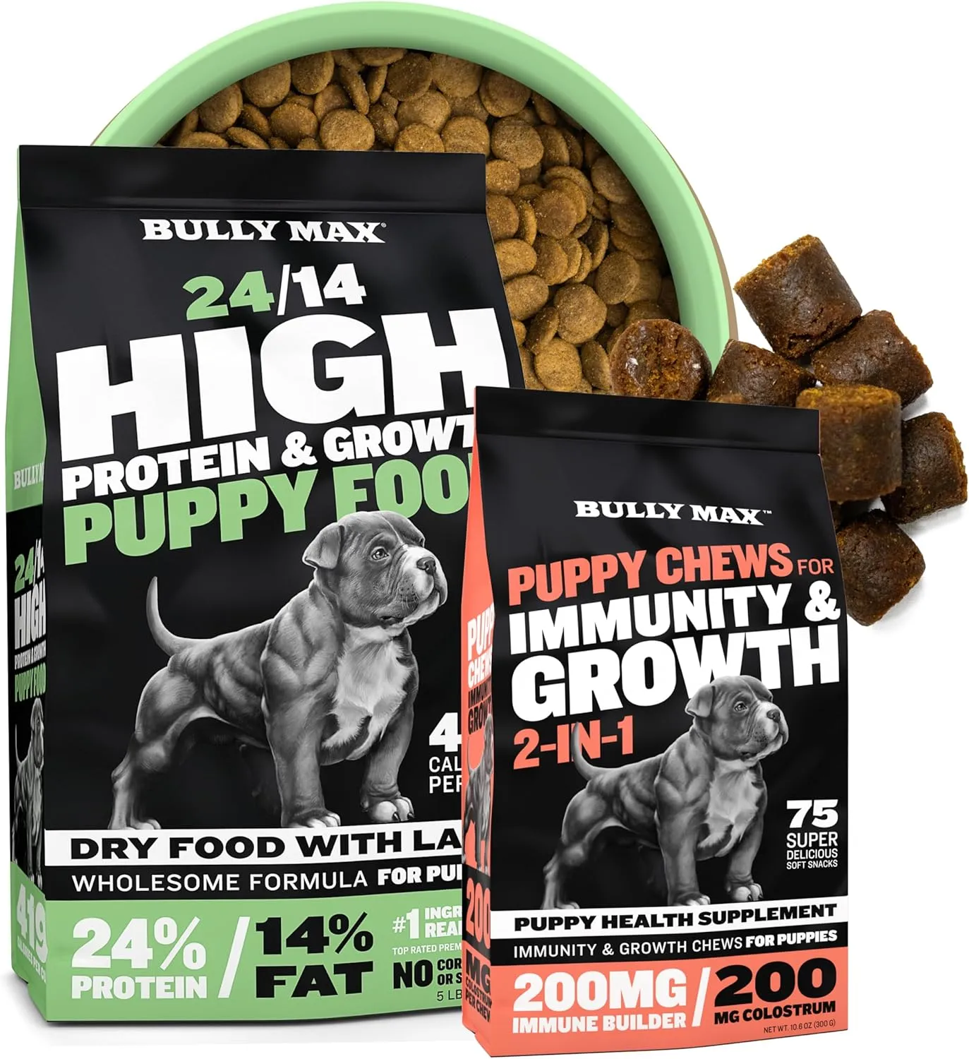 Bully Max 2-in-1 Puppy Chews & 24/14 High Protein Puppy Food (5lbs.) Bundle  Lamb & Rice Kibble with Colostrum-Fortified Soft Chews for Growth, Digestive Health & Immune Support in All Breed Puppies