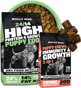 Bully Max 2-in-1 Puppy Chews & 24/14 High Protein Puppy Food (5lbs.) Bundle  Lamb & Rice Kibble with Colostrum-Fortified Soft Chews for Growth, Digestive Health & Immune Support in All Breed Puppies