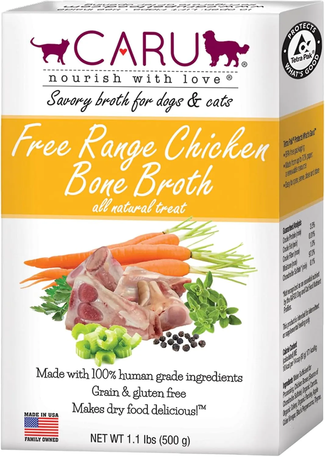 Caru Free Range Chicken Bone Broth For Dogs And Cats, Moistens Dry Food Or Pour Over Freeze Dried Raw Food, Grain And Gluten Free, Non-Gmo Ingredients (1.1 Lbs)
