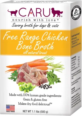 Caru Free Range Chicken Bone Broth For Dogs And Cats, Moistens Dry Food Or Pour Over Freeze Dried Raw Food, Grain And Gluten Free, Non-Gmo Ingredients (1.1 Lbs)