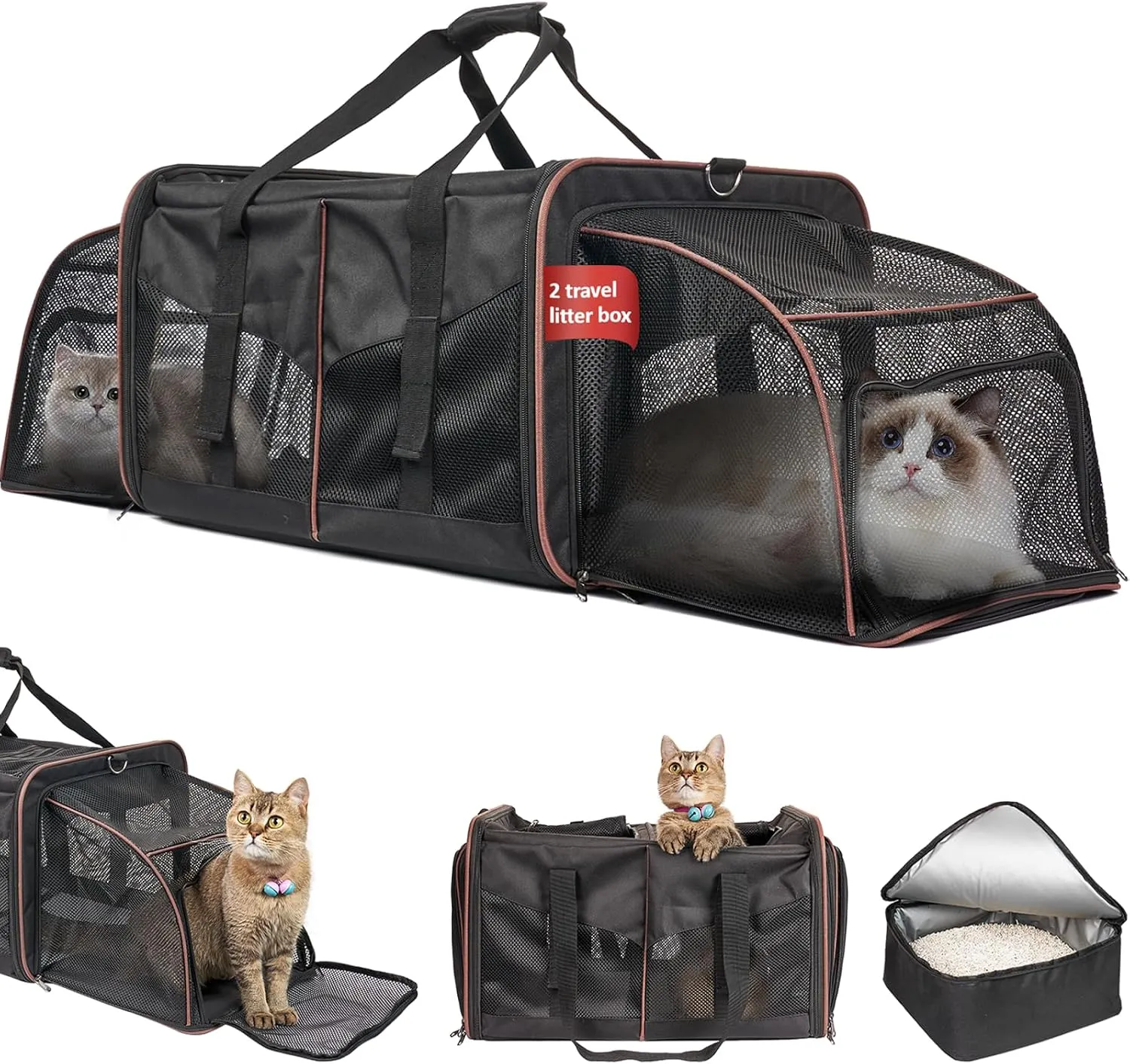 Cat Carrier for 2 Cats - INRLKIT Cat Carrier with Litter Box, Portable 2-in-1 Double Cat Travel Carrier Bag for Traveling, Expandable Dog Carrier for Car, Portable Travel Litter Box for Cats (Black)