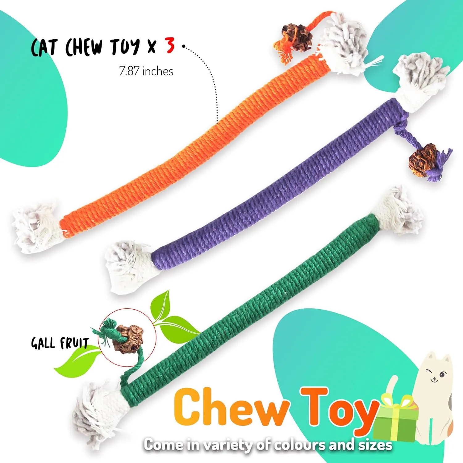 Cat Chew Toys 3PCS Sisal Ropes Toys for Indoor Cats Teeth Cleaning Toys for Kitten, Bite Resistant Catnip Toys Interactive Play Cat Nip Kitty Kicker Toys for All Breeds