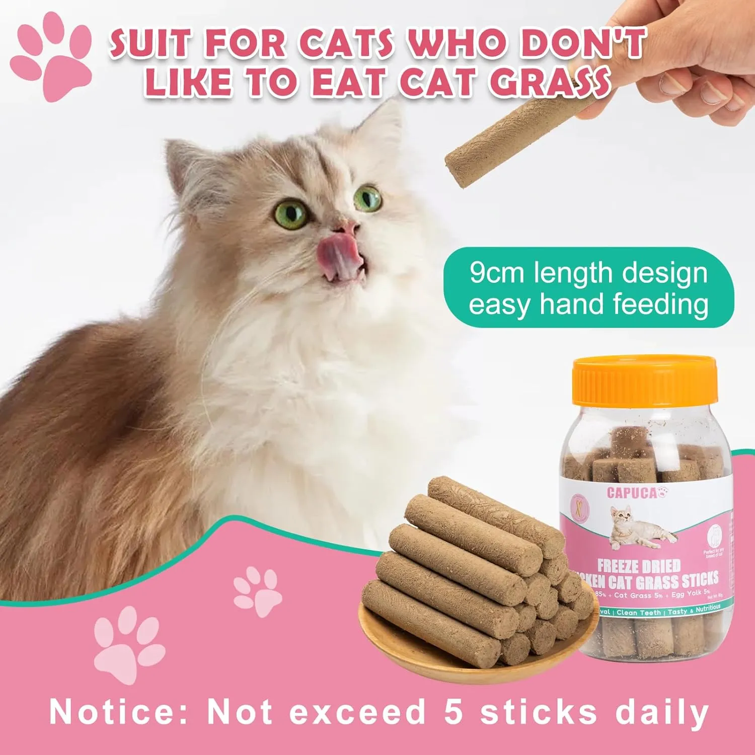 Cat Grass Teething Stick 90g- Freeze-Dried Chicken Flavor High Protein Cat Treats for Teeth Cleaning & Hairball Removal Natural Dental Chews Crunchy Catnip Toy for Kittens & Adult Cats