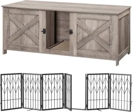 Cat Litter Box Enclosure and 6 Panel Dog Gate Bundle, Hidden Cat Litter Box Furniture with Double Room, Freestanding Pet Gate with Door Walk Through, CWHG1201-DGHB26901N1