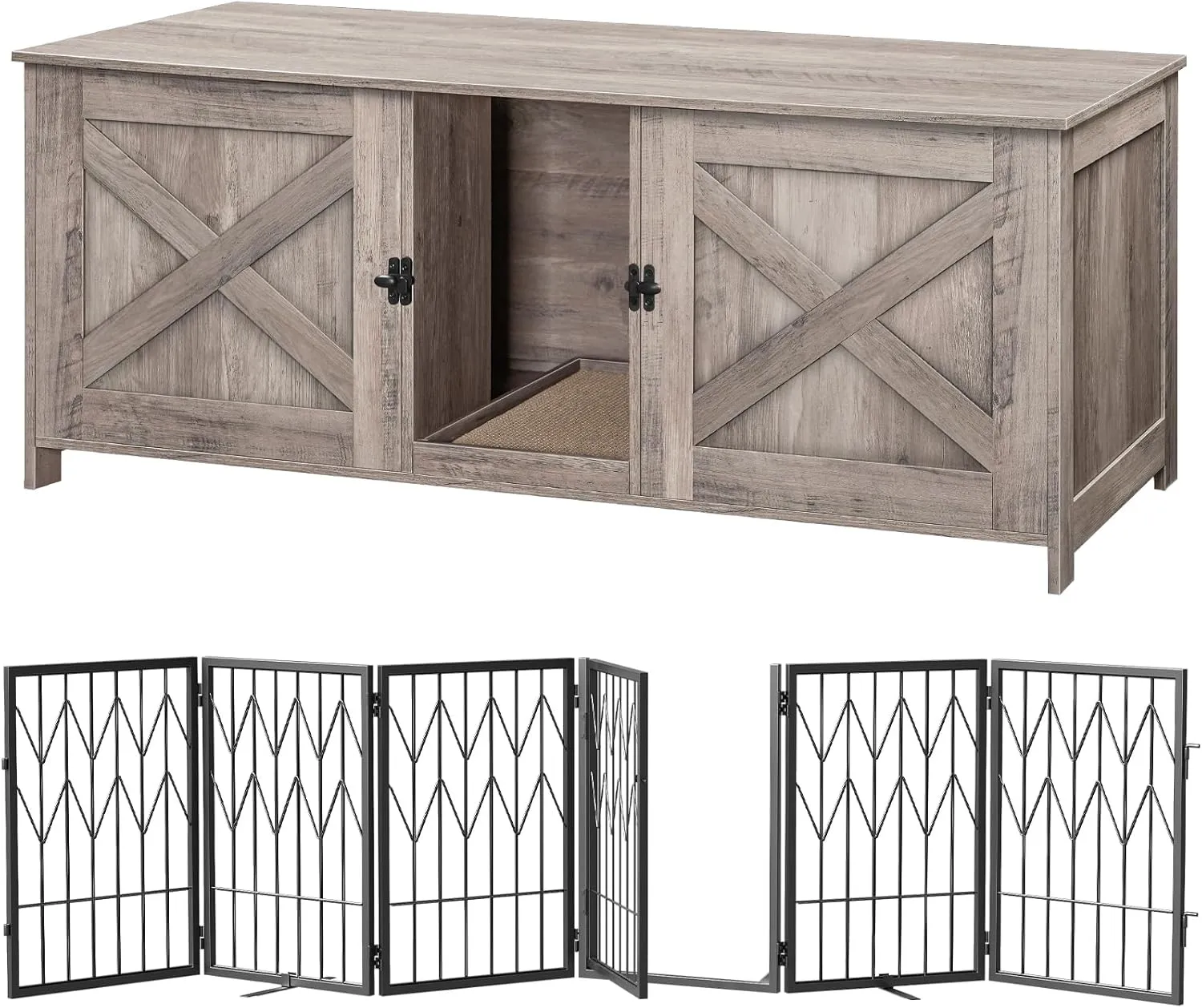 Cat Litter Box Enclosure and 6 Panel Dog Gate Bundle, Hidden Cat Litter Box Furniture with Double Room, Freestanding Pet Gate with Door Walk Through, CWHG1201-DGHB26901N1