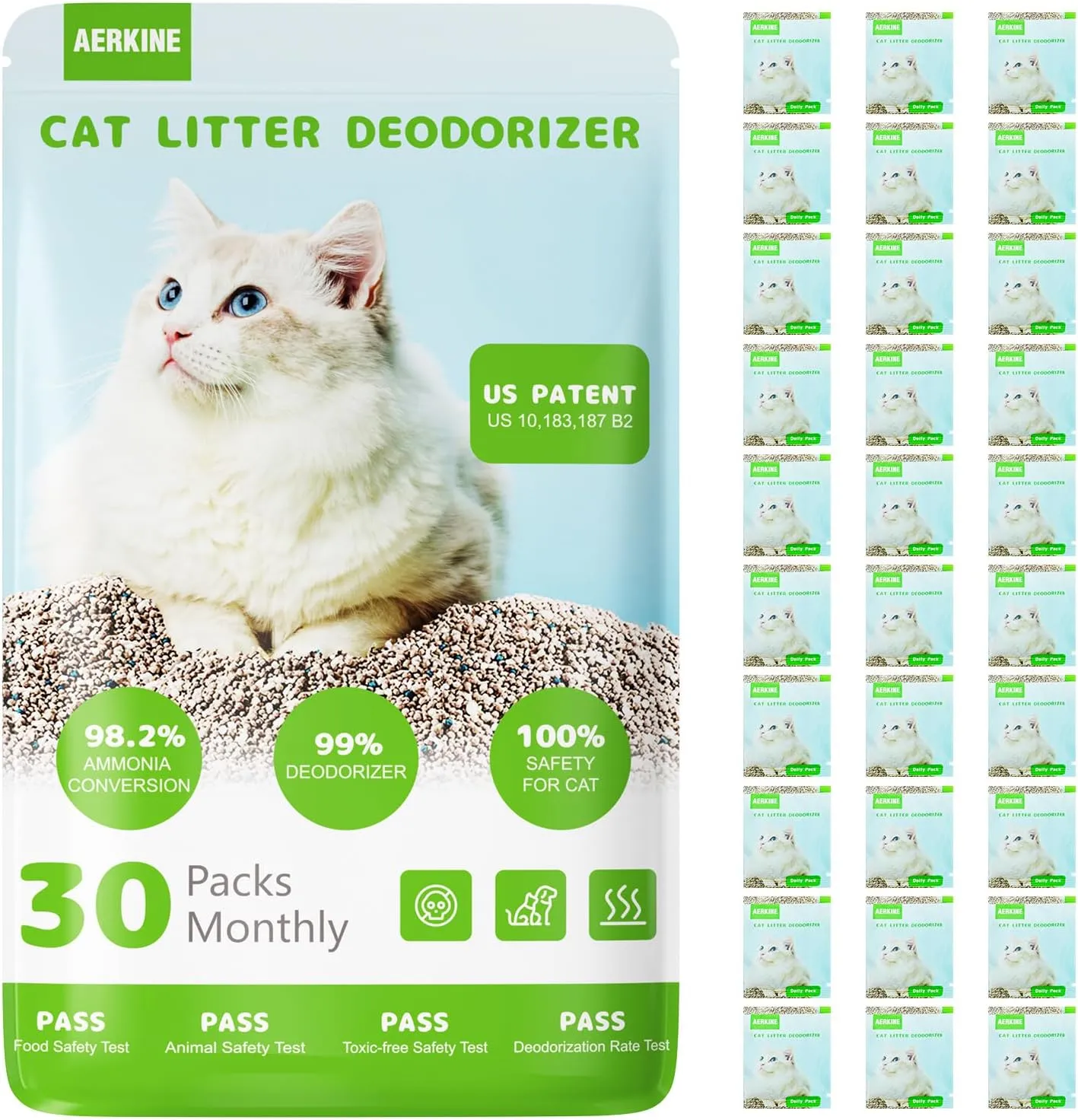 Cat Litter Deodorizer, Litter Box Odor Eliminator, Patented AOP-KF Solid Alkali Tech, 99% Deodorization, Long-Lasting Fresh, Cat Companion, Smell Control for Multi-Cat Home, 30 Packs