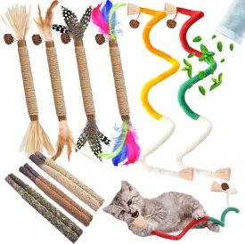Cat Toys for Indoor Cats 12pcs Kitten Chew Self Play Kitty Dental Rope Interactive Catnip Toy Refillable Matatabi Treats for Cleaning Teeth Lickable Silvervine Feather Sticks
