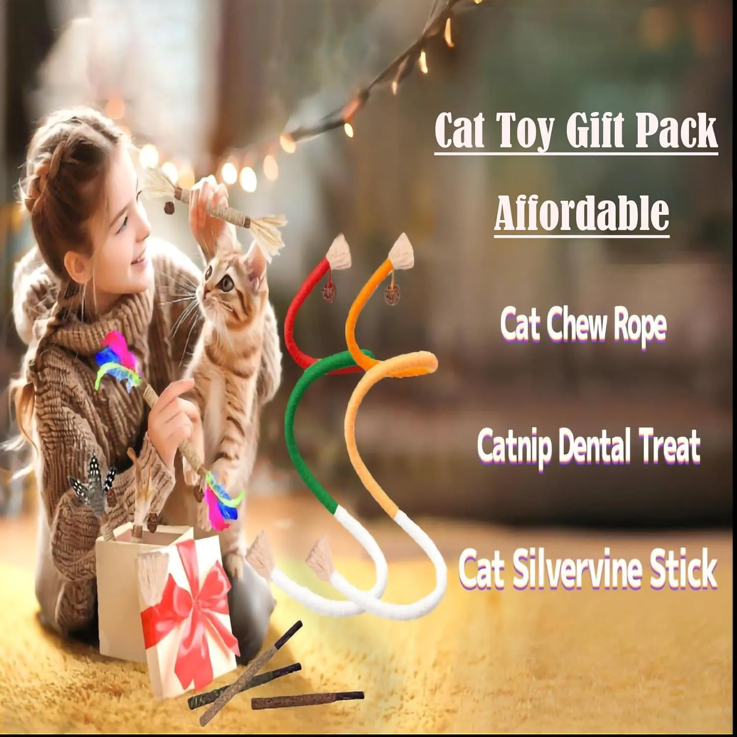 Cat Toys for Indoor Cats 12pcs Kitten Chew Self Play Kitty Dental Rope Interactive Catnip Toy Refillable Matatabi Treats for Cleaning Teeth Lickable Silvervine Feather Sticks