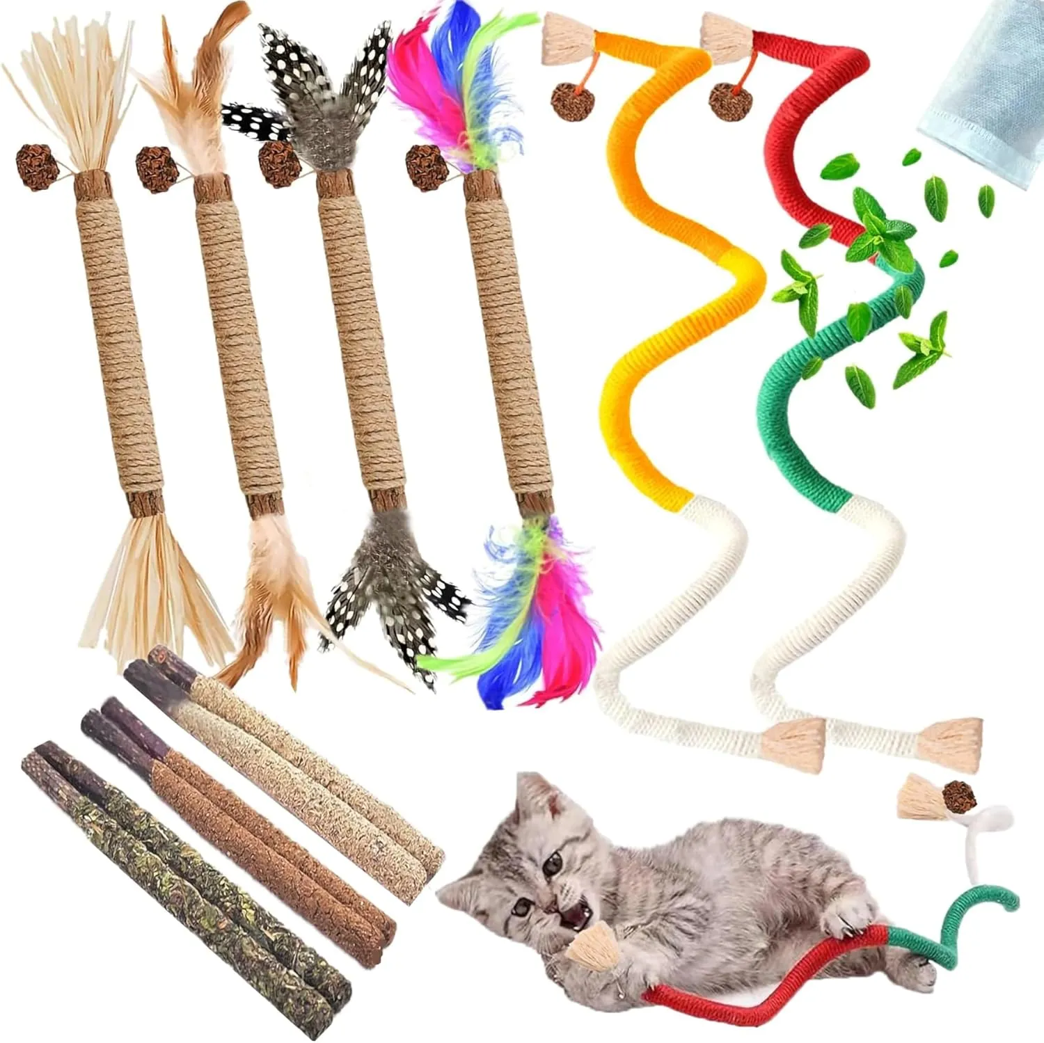 Cat Toys for Indoor Cats 12pcs Kitten Chew Self Play Kitty Dental Rope Interactive Catnip Toy Refillable Matatabi Treats for Cleaning Teeth Lickable Silvervine Feather Sticks
