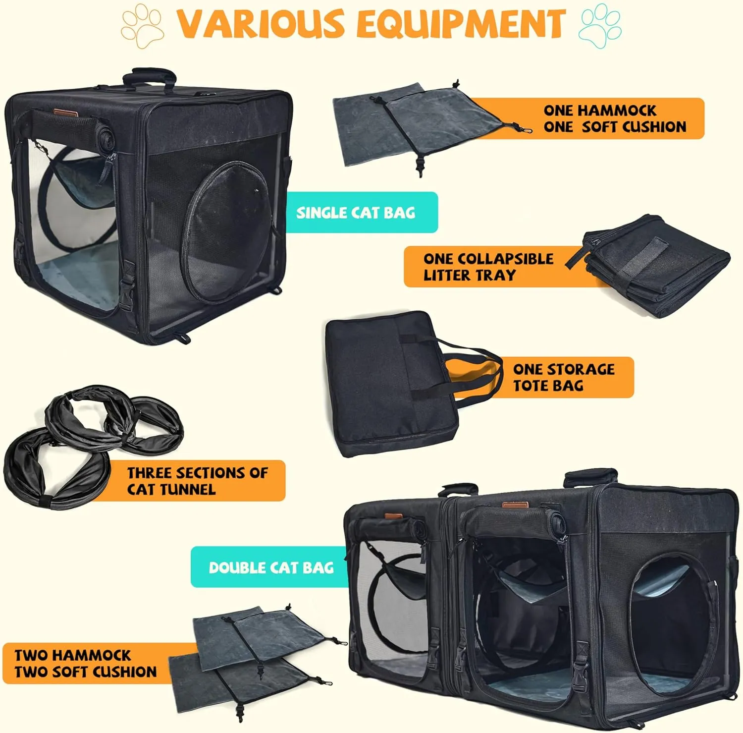 Cat Travel Carrier with Litter Box 2-in-1 Portable Double Cat Carriers for 2 Cats and Pet Shelter Ideal for Multiple Cats Soft Foldable Design with Shoulder Strap Large Size Double Grey