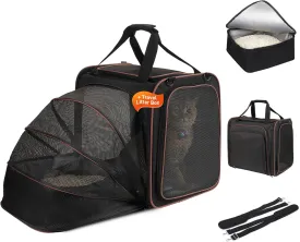 Cat Travel Carrier with Litter Box, Expandable Cat Carrier for Car Travel, Soft Sided Pet Carrier for Cats/Puppies up to 20lbs, Black