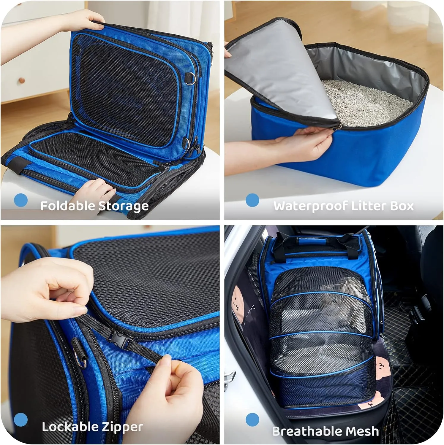 Cat Travel Carrier with Litter Box, Expandable Cat Carrier for Car Travel, Soft Sided Pet Carrier for Cats/Puppies up to 20lbs, Blue