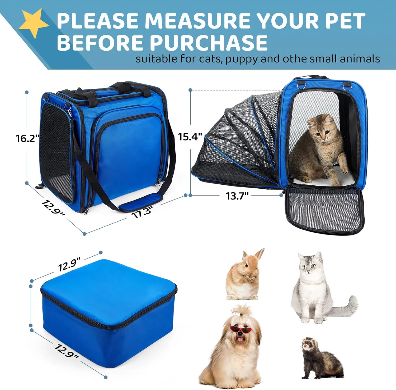 Cat Travel Carrier with Litter Box, Expandable Cat Carrier for Car Travel, Soft Sided Pet Carrier for Cats/Puppies up to 20lbs, Blue
