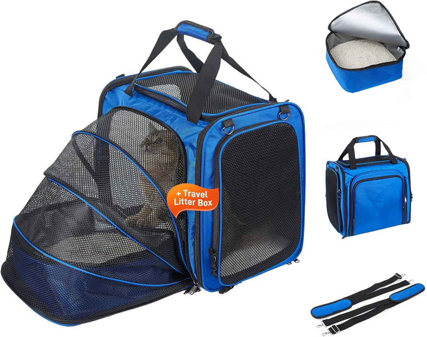Cat Travel Carrier with Litter Box, Expandable Cat Carrier for Car Travel, Soft Sided Pet Carrier for Cats/Puppies up to 20lbs, Blue