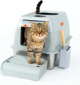 CATTASAURUS Stainless Steel XL Cat Litter Box with Lid for Large Cats Up to 40lbs, Removable Kitty Litter Box Enclosure, High Sides, Top Entry Litter Box Large, Include Durable Scoop & Ergonomic Pedal