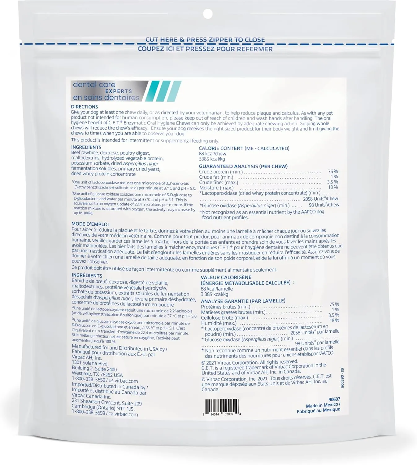 C.E.T. Enzymatic Oral Hygiene Chews for Dogs - Plaque & Tartar Control - Single Layer Beefhide with Exclusive Dual-Enzyme System & Tasty Chicken Flavor - Easy to Give Dog Dental Chew