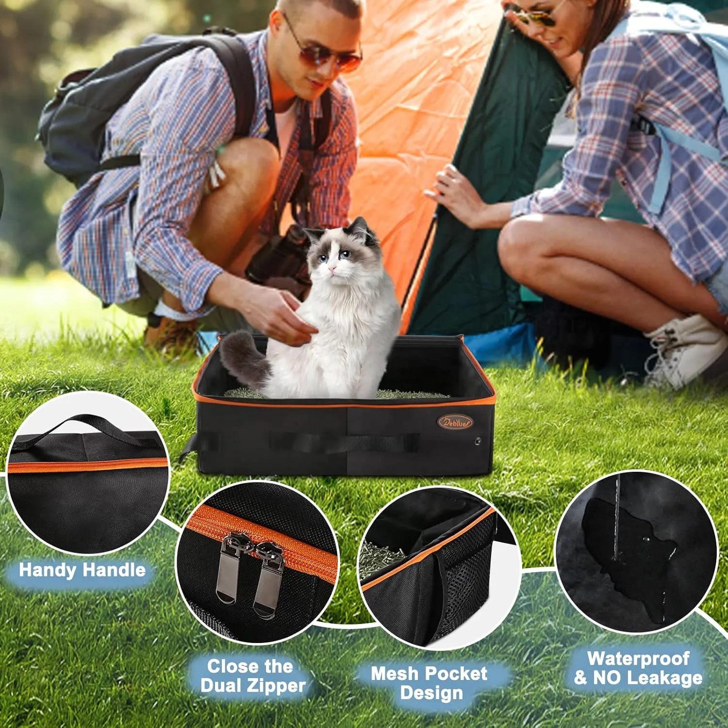 Deblue Portable Cat Travel Litter Box with Lid, Leak-Proof and Water-Proof, Lightweight Cat Litter Box for Car, Road Trip, Hotel, Airplane, and Outdoor-Black