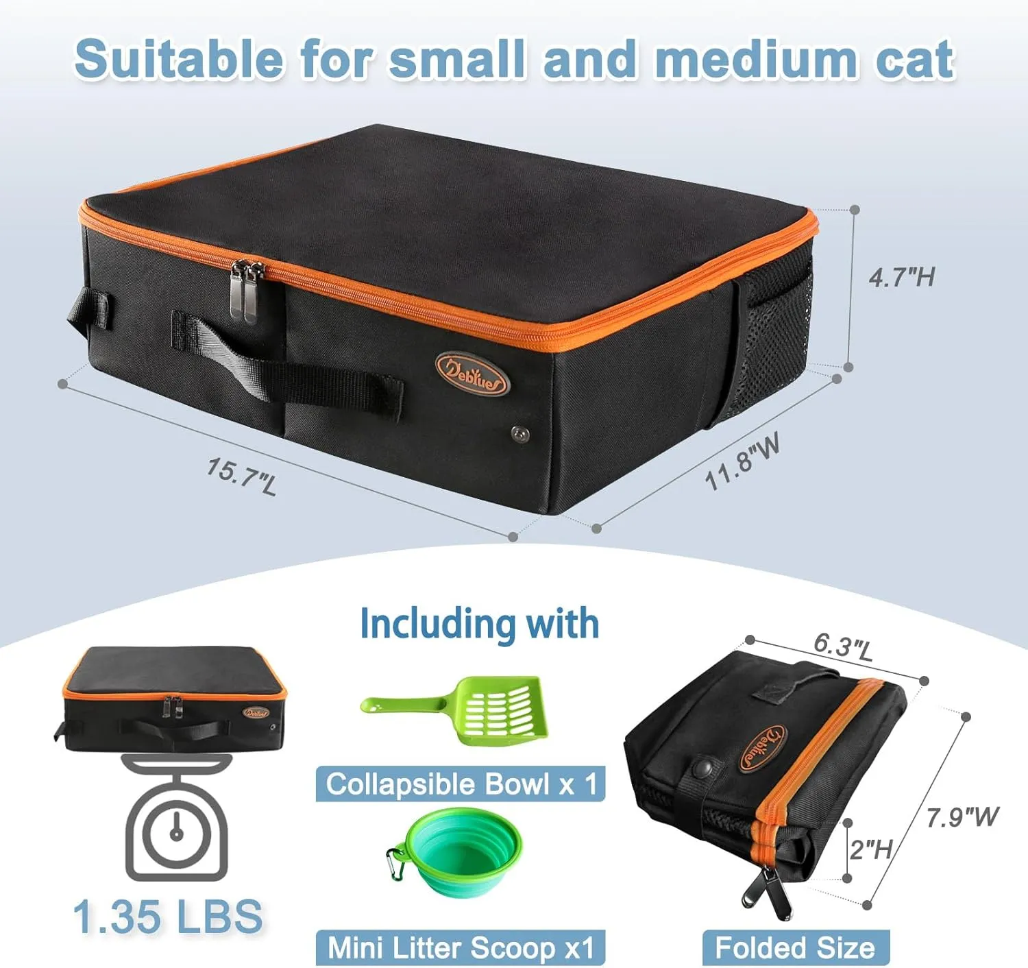 Deblue Portable Cat Travel Litter Box with Lid, Leak-Proof and Water-Proof, Lightweight Cat Litter Box for Car, Road Trip, Hotel, Airplane, and Outdoor-Black