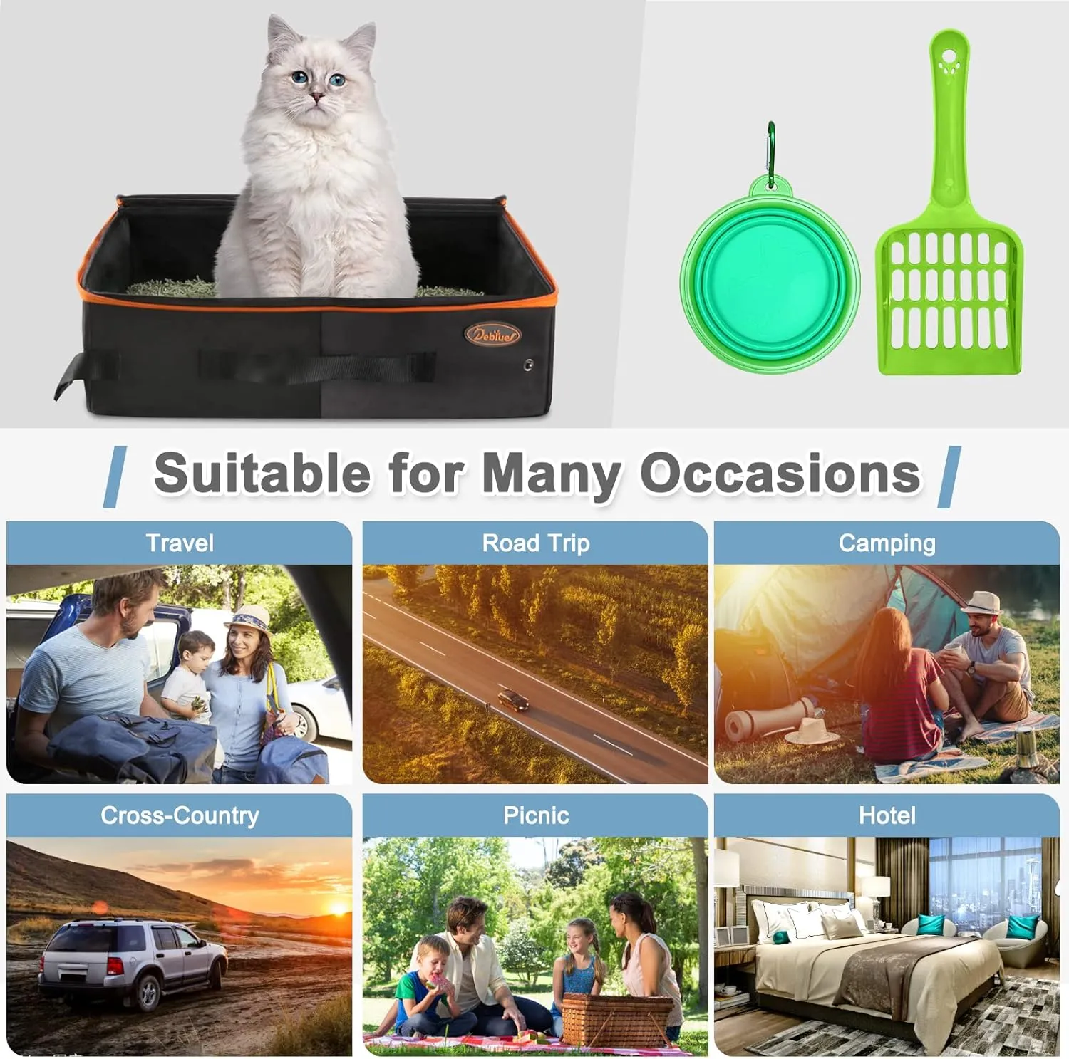 Deblue Portable Cat Travel Litter Box with Lid, Leak-Proof and Water-Proof, Lightweight Cat Litter Box for Car, Road Trip, Hotel, Airplane, and Outdoor-Black