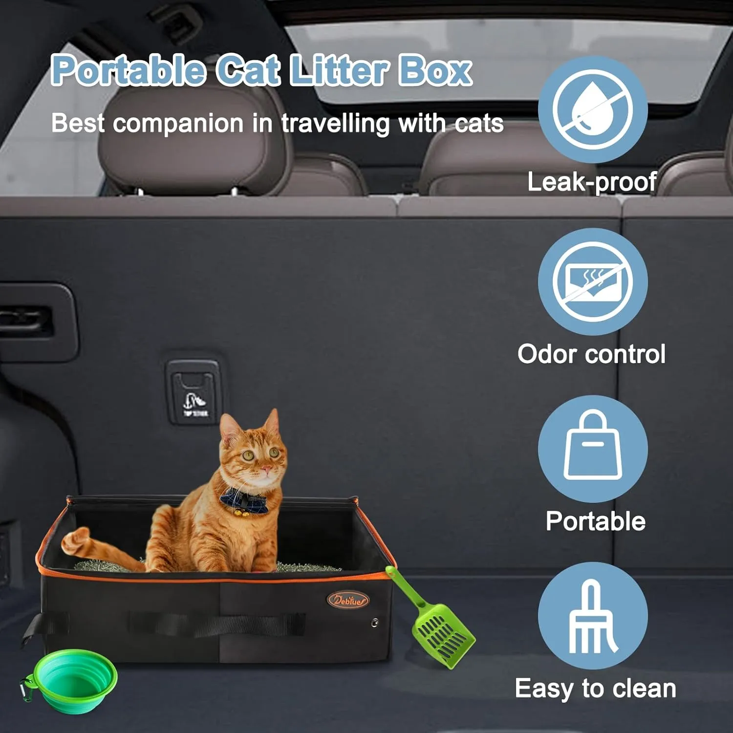 Deblue Portable Cat Travel Litter Box with Lid, Leak-Proof and Water-Proof, Lightweight Cat Litter Box for Car, Road Trip, Hotel, Airplane, and Outdoor-Black