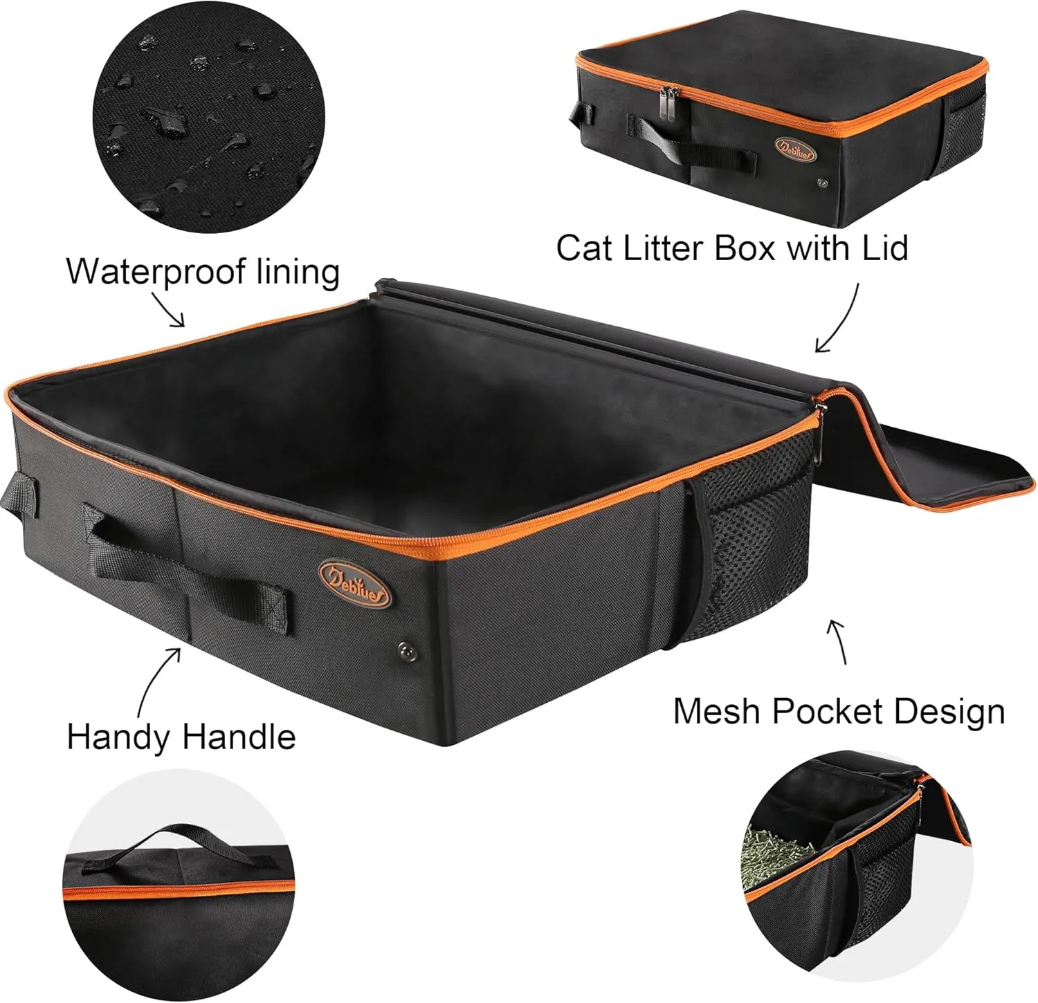Deblue Portable Cat Travel Litter Box with Lid, Leak-Proof and Water-Proof, Lightweight Cat Litter Box for Car, Road Trip, Hotel, Airplane, and Outdoor-Black