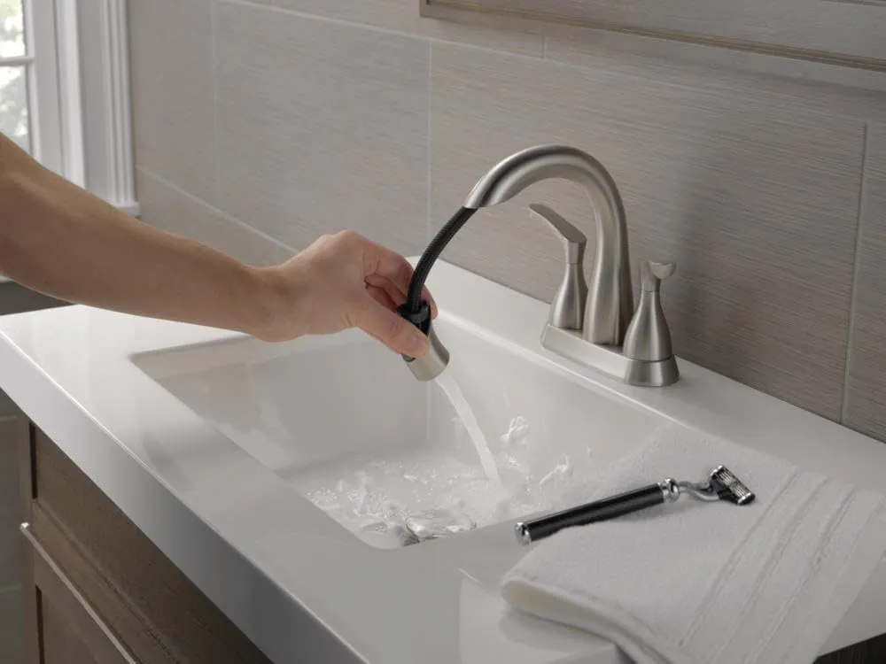 Delta Broadmoor Centerset Brushed Nickel Bathroom Faucet with Sprayer, 4 Inch 3 Hole Bathroom Sink Faucet with Pull Out Sprayer, Push-Pop Drain, Stainless 25765LF-SSPD