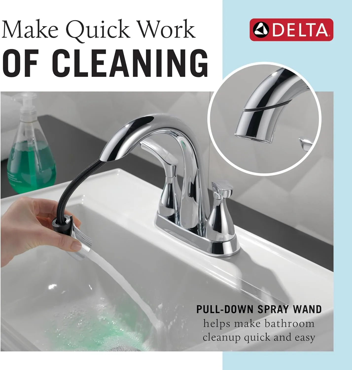 Delta Broadmoor Centerset Chrome Bathroom Faucet with Sprayer, 4 Inch 3 Hole Bathroom Sink Faucet with Pull Out Sprayer, Push-Pop Drain, Chrome 25765LF-PD