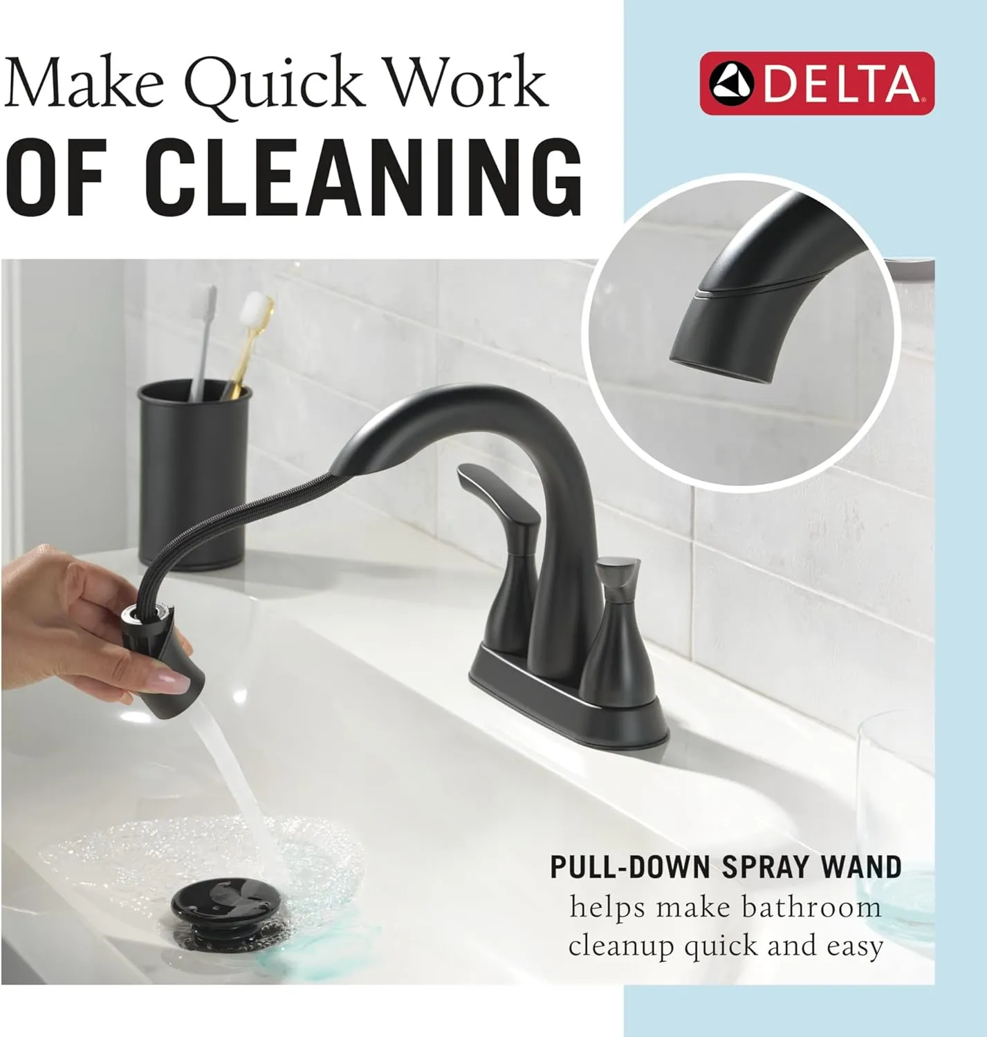 Delta Broadmoor Centerset Matte Black Bathroom Faucet with Sprayer, 4 Inch 3 Hole Bathroom Sink Faucet with Pull Out Sprayer, Push-Pop Drain, Matte Black 25765LF-BLPD