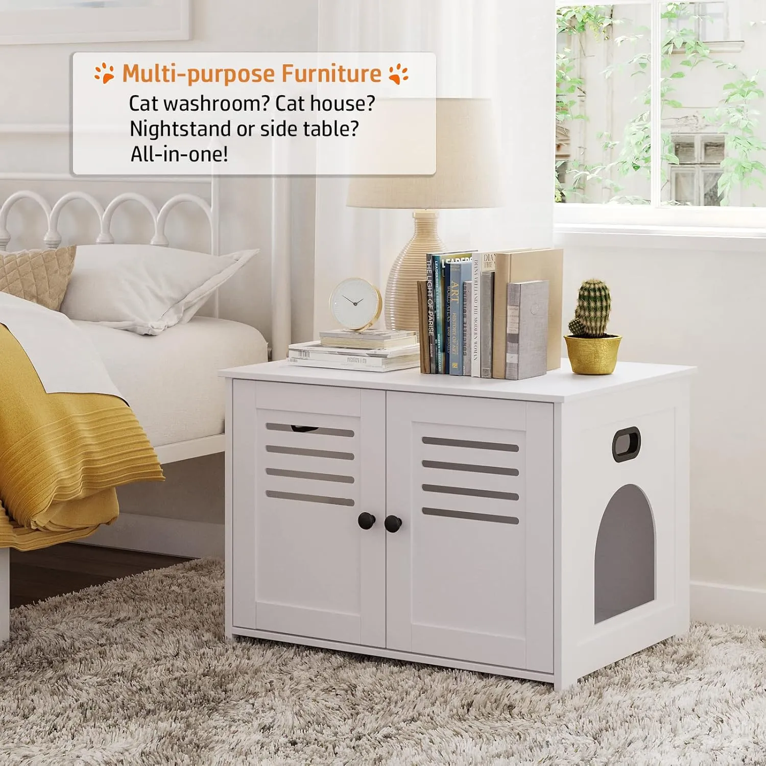 DINZI LVJ Litter Box Enclosure, Cat Litter House with Louvered Doors, Entrance Can Be on Left or Right Side, 31.5" Long Hidden Washroom for Most of Litter Box, Cat Furniture Cabinet, White