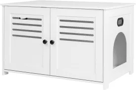 DINZI LVJ Litter Box Enclosure, Cat Litter House with Louvered Doors, Entrance Can Be on Left or Right Side, 31.5" Long Hidden Washroom for Most of Litter Box, Cat Furniture Cabinet, White