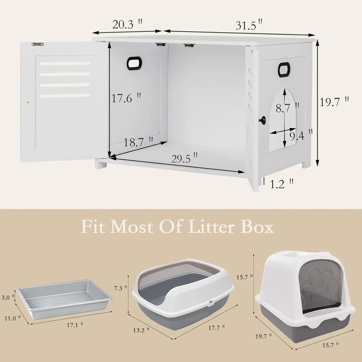 DINZI LVJ Litter Box Enclosure, Cat Litter House with Louvered Doors, Entrance Can Be on Left or Right Side, 31.5" Long Hidden Washroom for Most of Litter Box, Cat Furniture Cabinet, White
