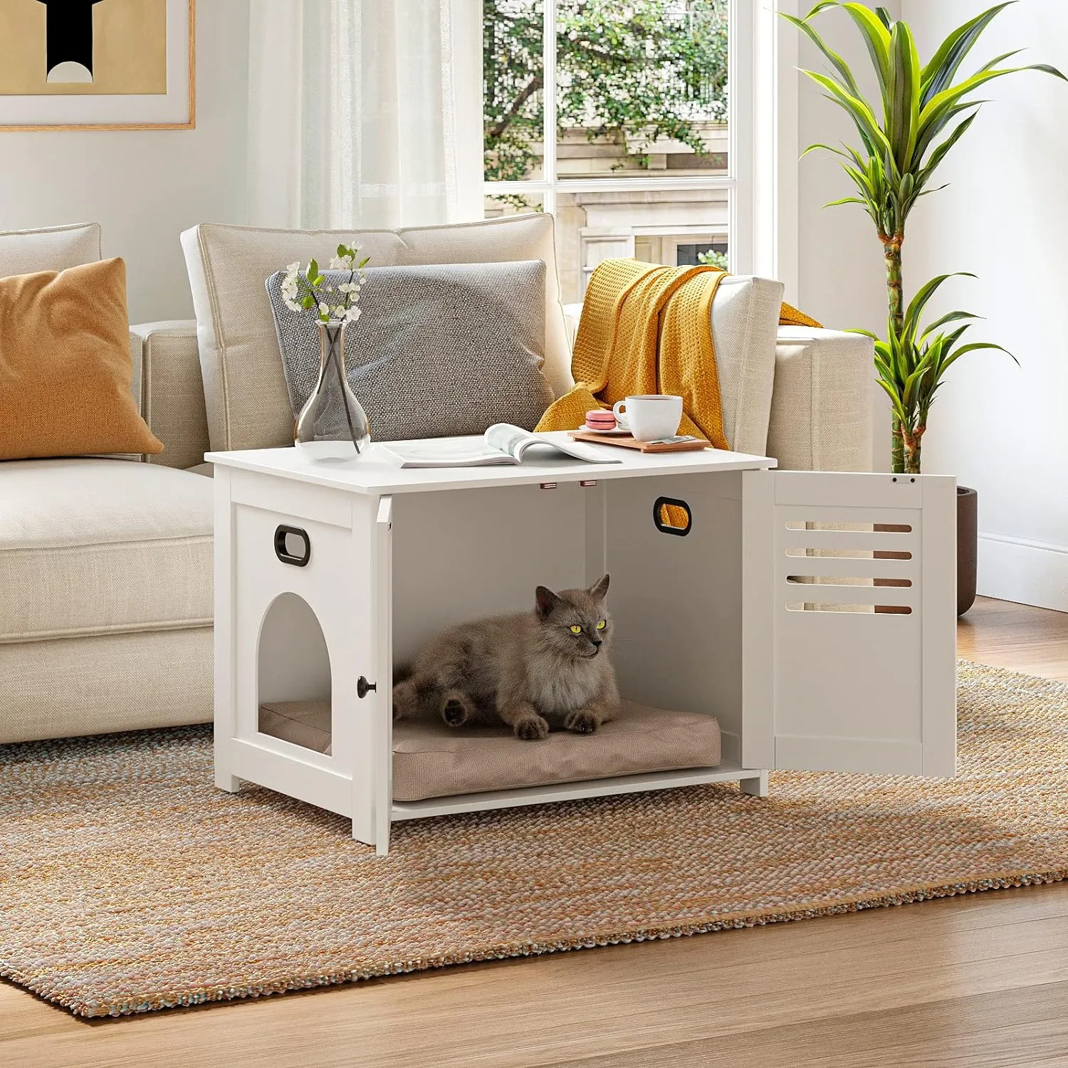 DINZI LVJ Litter Box Enclosure, Cat Litter House with Louvered Doors, Entrance Can Be on Left or Right Side, 31.5" Long Hidden Washroom for Most of Litter Box, Cat Furniture Cabinet, White