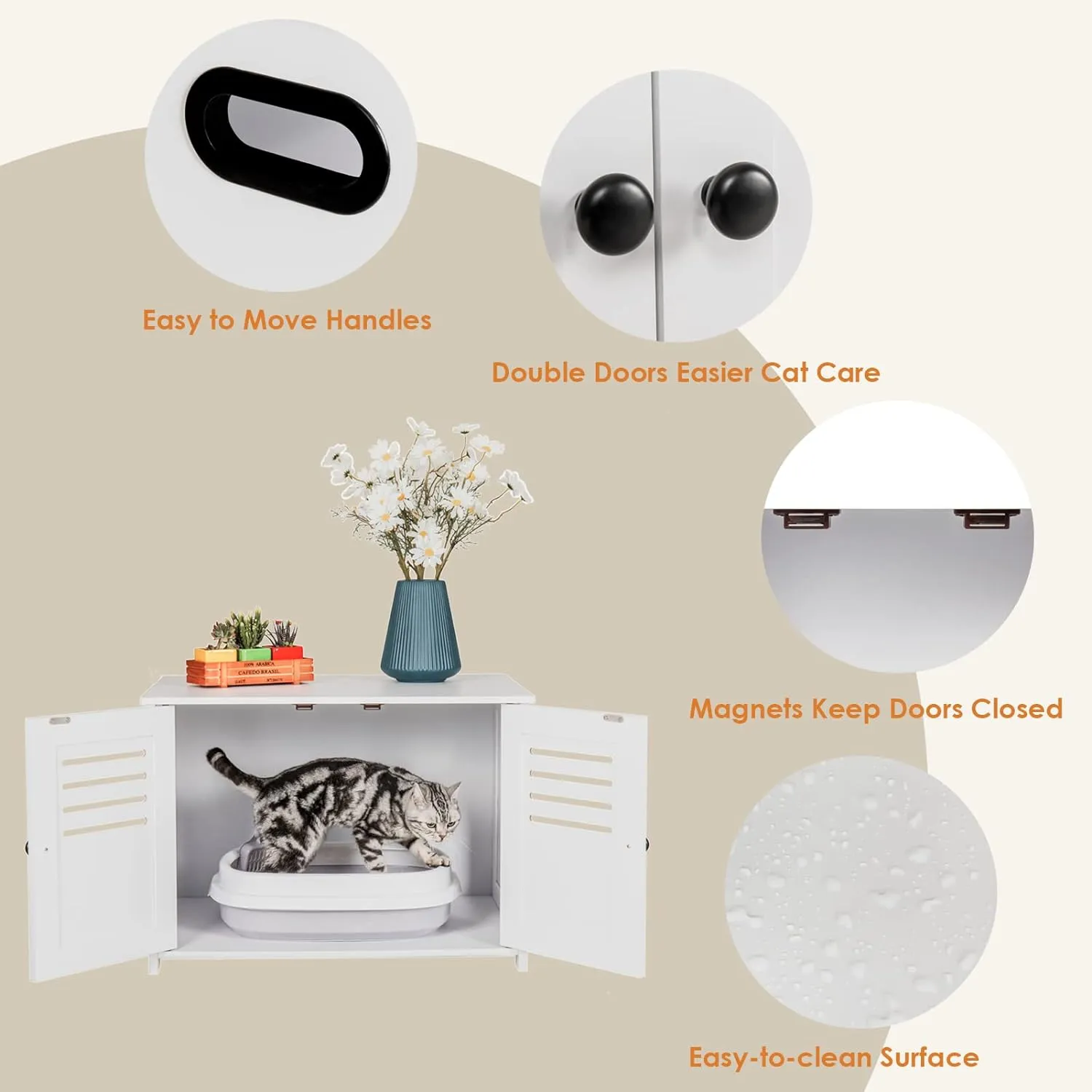 DINZI LVJ Litter Box Enclosure, Cat Litter House with Louvered Doors, Entrance Can Be on Left or Right Side, 31.5" Long Hidden Washroom for Most of Litter Box, Cat Furniture Cabinet, White