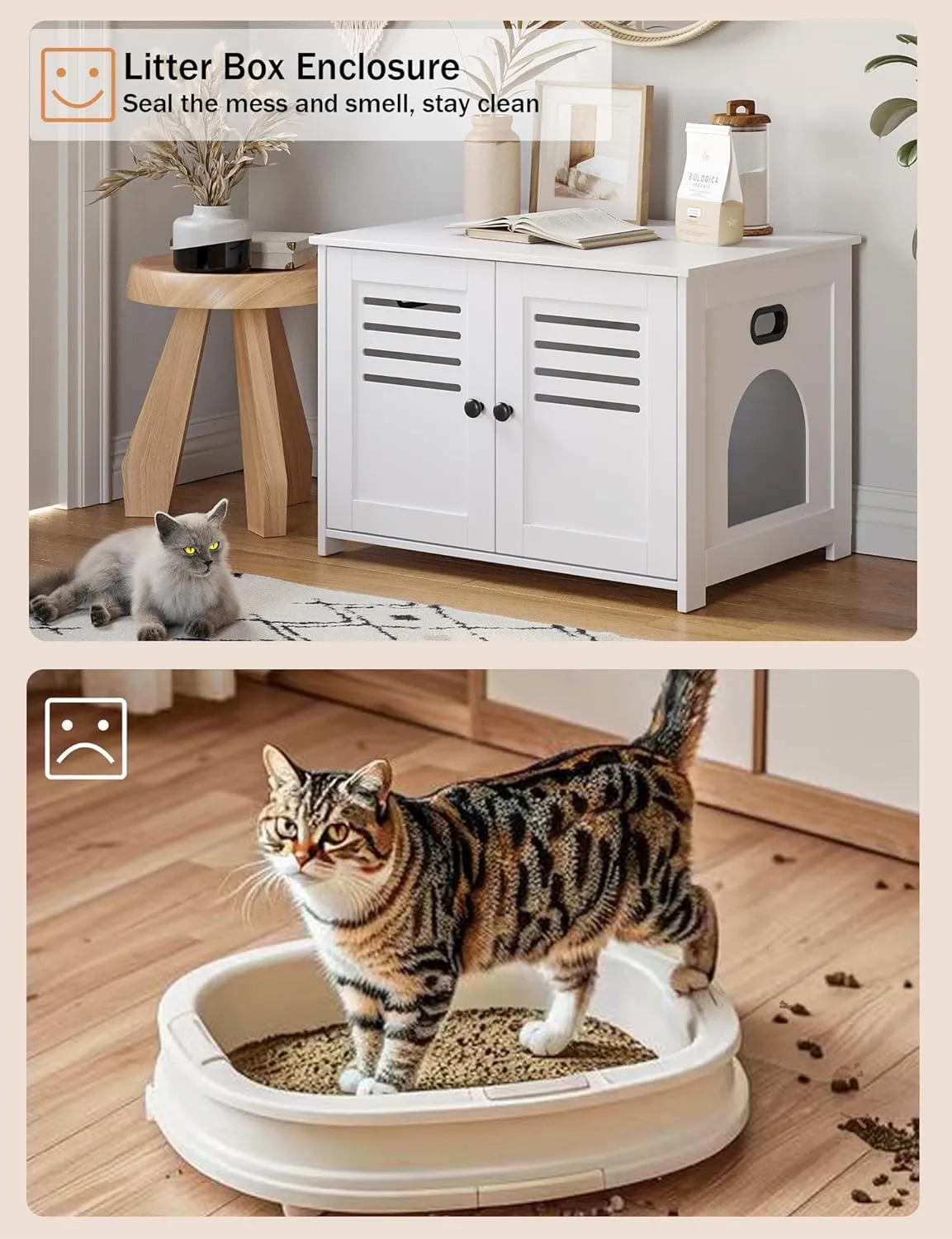 DINZI LVJ Litter Box Enclosure, Cat Litter House with Louvered Doors, Entrance Can Be on Left or Right Side, 31.5" Long Hidden Washroom for Most of Litter Box, Cat Furniture Cabinet, White