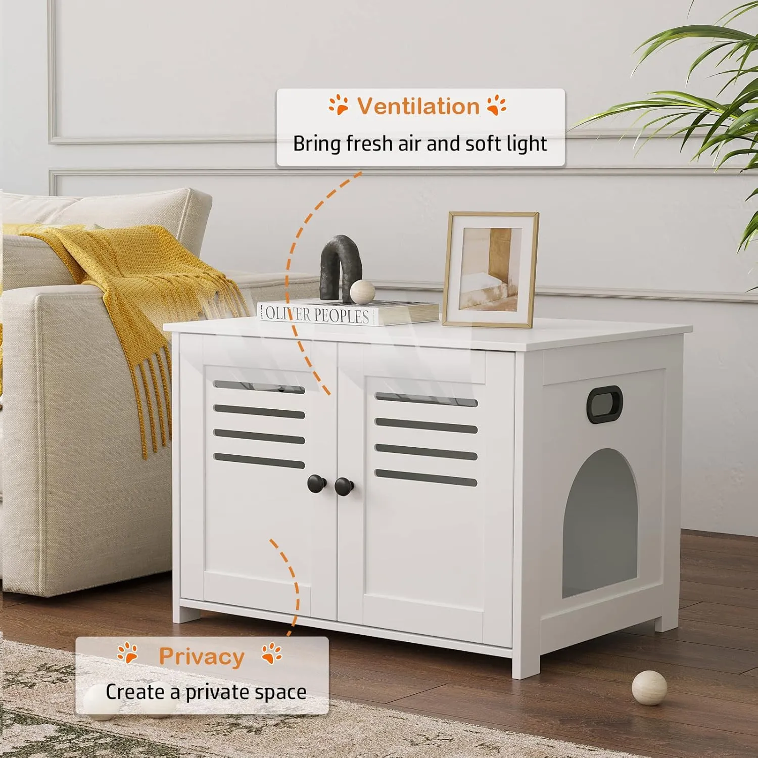 DINZI LVJ Litter Box Enclosure, Cat Litter House with Louvered Doors, Entrance Can Be on Left or Right Side, 31.5" Long Hidden Washroom for Most of Litter Box, Cat Furniture Cabinet, White