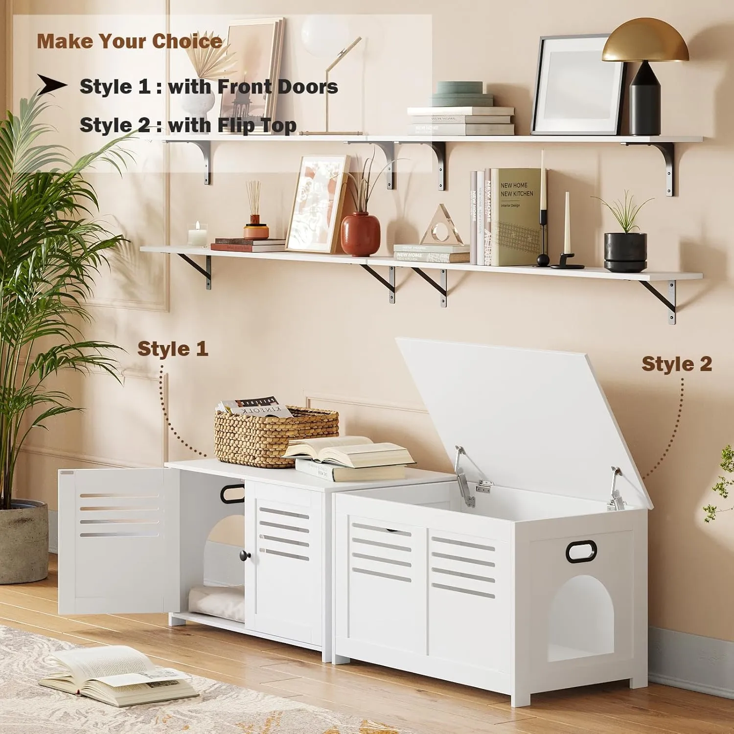 DINZI LVJ Litter Box Enclosure, Cat Litter House with Louvered Doors, Entrance Can Be on Left or Right Side, 31.5" Long Hidden Washroom for Most of Litter Box, Cat Furniture Cabinet, White